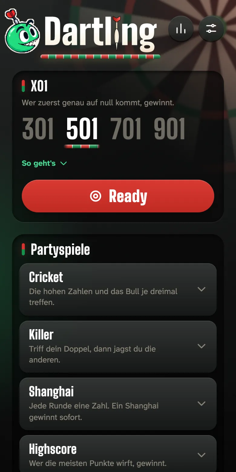 Startseite: oben Dartling mit dem Schriftzug, darunter die Spielmodi mit 501 und Ready, dann die Partyspiele.