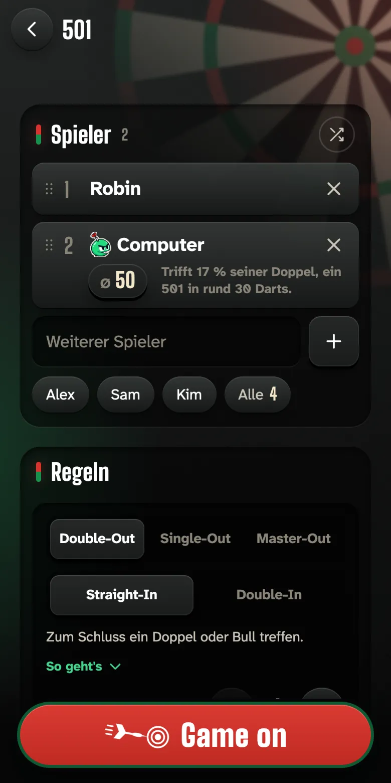 Aufstellung gegen den Computer: Unter seiner Stärke Ø&nbsp;50 steht, dass er 17&nbsp;% seiner Doppel trifft und ein 501 in rund 30 Darts spielt.