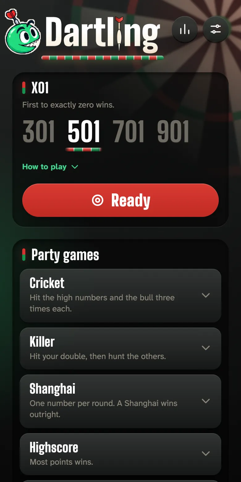 Home screen: Dartling and the logo at the top, then the game modes with 501 and Ready, then the party games.