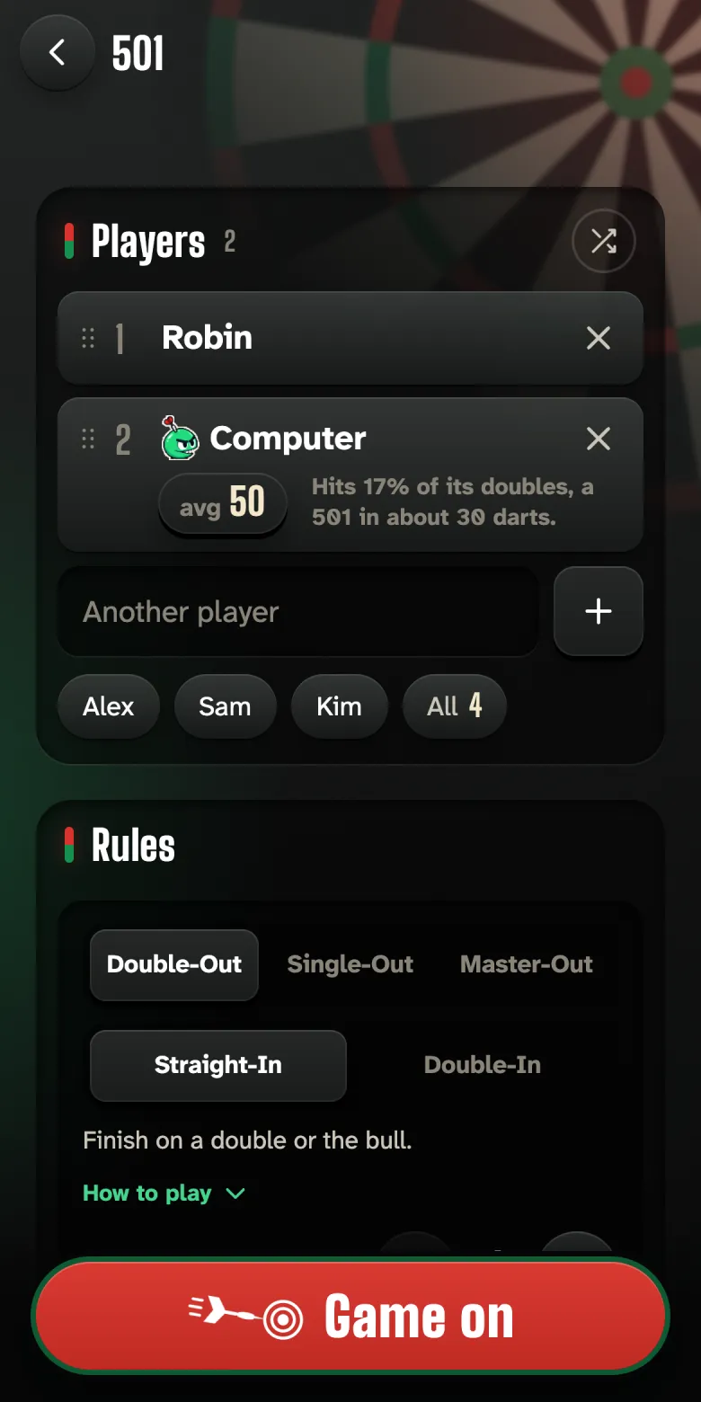 Line-up against the computer: under its 50 average it says it hits 17% of its doubles and takes about 30 darts for 501.