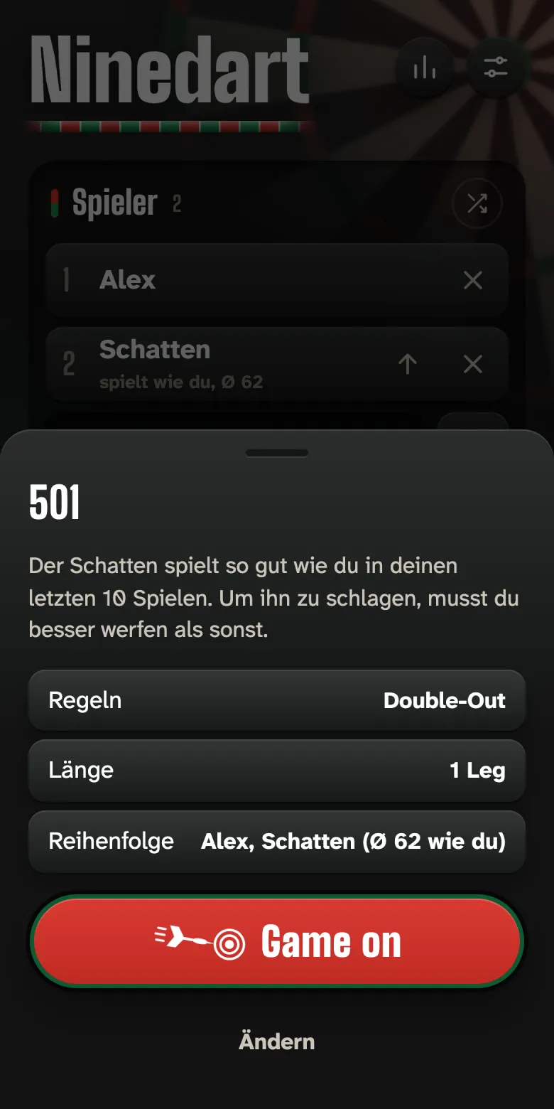 Startdialog gegen den Schatten: Er spielt so gut wie du in deinen letzten 10 Spielen, hier Ø&nbsp;62.